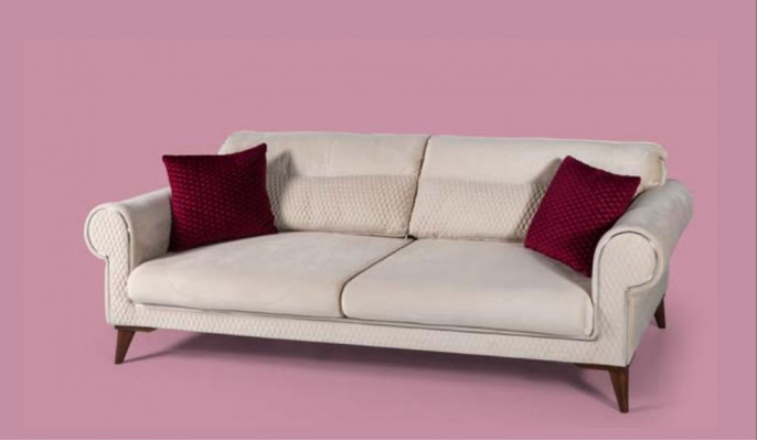Dreisitzer Sofa 3 Sitzer Stoff beige Couch Sofa große Polster Holz Designer neu