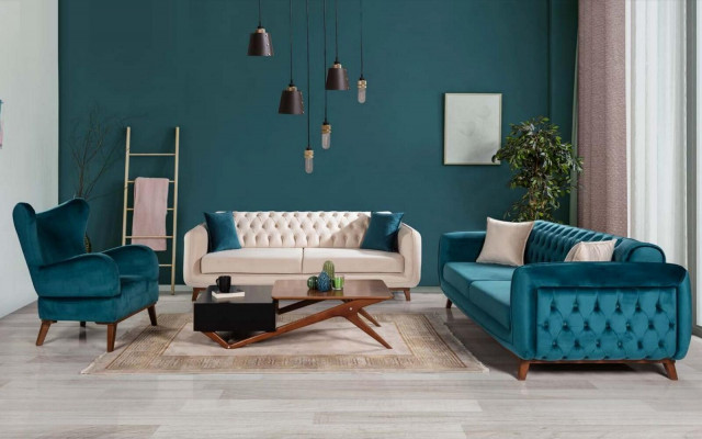 Design Couch 3 Sitzer Sofa Dreisitzer Polster Stoff Turkis Sitzpolster