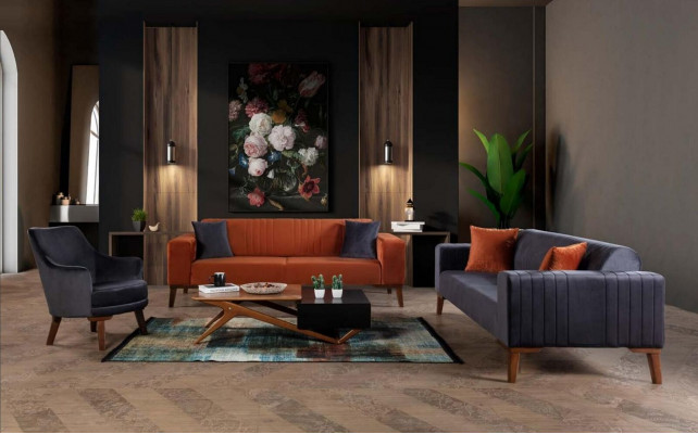 Orange Dreisitzer Couch Elegante Sofa Sitzmöbel Wohnzimmer Samt