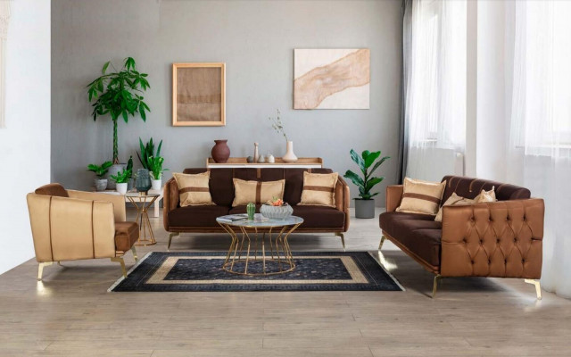 Dreisitzer Sofa 3 Sitzer Sofas Sitz Stoff Modern Stil Textil Couchen Möbel Braun