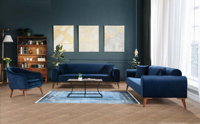 Sofagarnitur 3+3+1 Sitzer Sofa Sessel Royal Blaue Couch Samt 3tlg