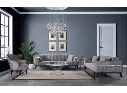 Sofagarnitur 3+3+1 Sitzer Sofa Sofas Sessel Stoff Holz Graue Couchen