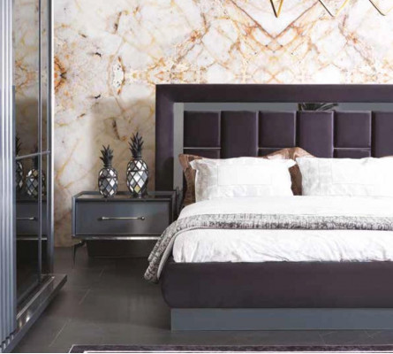 Moderne Schlafzimmer Set Grau Bett 2x Nachttisch Kleiderschrank Kommode 5tlg.