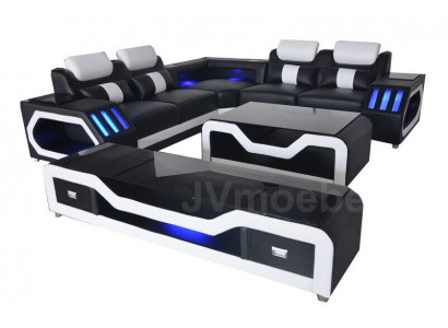 3 tlg. Set Leder Sofa Couch Garnitur Eck Sitz Polster + Tisch + RTV L Form Neu