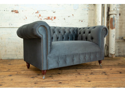 Chesterfield Design Sofa 2 Sitzer Couch Polster Sitz Garnitur Leder Textil Grau