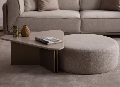 Beiger Wohnzimmer Set Designer Holz Couchtisch Polster Hocker 2tlg Set