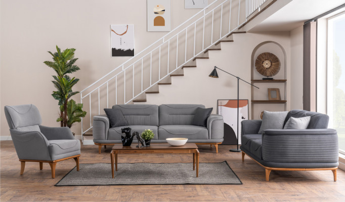Luxuriöses Sofaset mit 2tlg Dreisitzer-Sofas aus Grauem Textil Neu