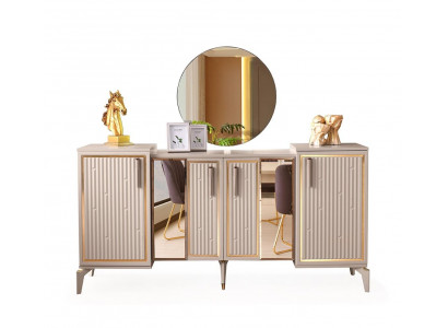 Anrichte Modern Rechteck Design Beige Gold Zweifarbig Esszimmer mit Spiegel