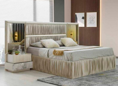 Beige Schlafzimmer-Set 3tlg Bett Nachttische Modern Rechteckig Gemustert Design