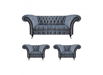Chesterfield Garnitur Graue Polster Sitzmöbel 2x Lehnsessel Dreisitzer