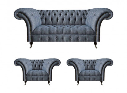 Chesterfield Garnitur Graue Polster Sitzmöbel 2x Lehnsessel Dreisitzer