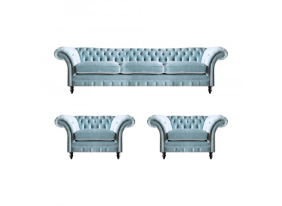 Chesterfield Polster Sitzmöbel Blaue Sofagarnitur 3-Sitzer 2x Sessel