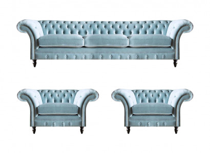 Chesterfield Polster Sitzmöbel Blaue Sofagarnitur 3-Sitzer 2x Sessel