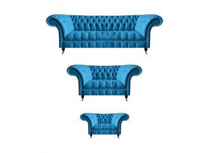 Chesterfield Hellblaue Designer Sitzmöbel Edler 3-Sitzer Zweisitzer 3tlg