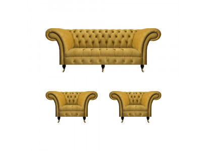 Chesterfield Gelbe Sitzgarnitur Designer Dreisitzer Edle Lehnsessel 3tlg