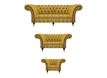 Edle Gelbe Chesterfield Garnitur Polstermöbel Textil Couchen 3tlg Set