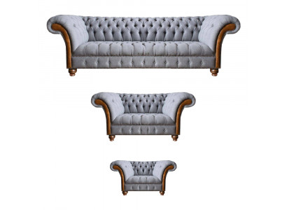 Chesterfield Hellgraue Polster Sofagarnitur Textil Designer 3tlg Set