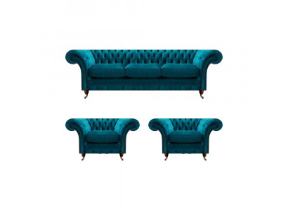 Chesterfield Blaue Couchen Polstersofas Wohnzimmer Textil Sitzmöbel 3tlg