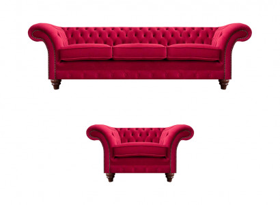 Chesterfield Rote Couchgarnitur Edler Textilsessel Polster Dreisitzer