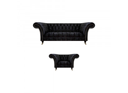 Chesterfield Schwarze Polstermöbel Designer Wohnzimmer Couch Sessel 2tlg