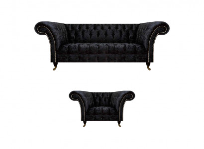 Chesterfield Schwarze Polstermöbel Designer Wohnzimmer Couch Sessel 2tlg