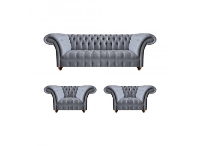 Chesterfield Hellgraue Sofagarnitur Edler Polster Dreisitzer 2x Sessel