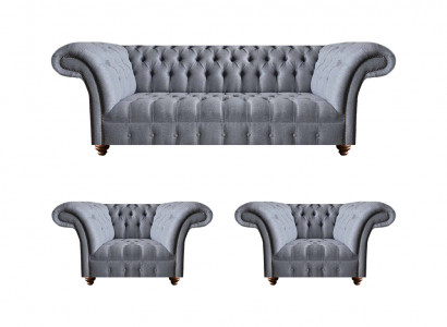 Chesterfield Hellgraue Sofagarnitur Edler Polster Dreisitzer 2x Sessel