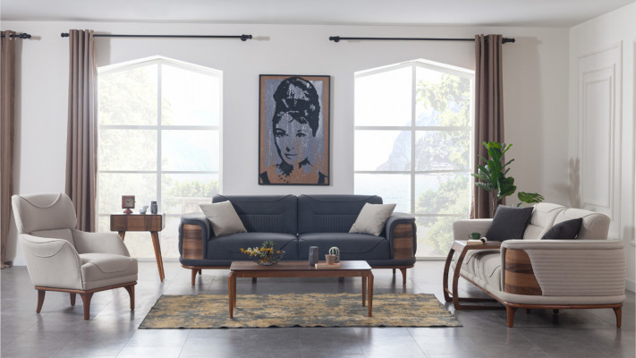 Zwei dunkelgraue Sofas im modernen Stil mit Holzbeinen für ein Wohnzimmer