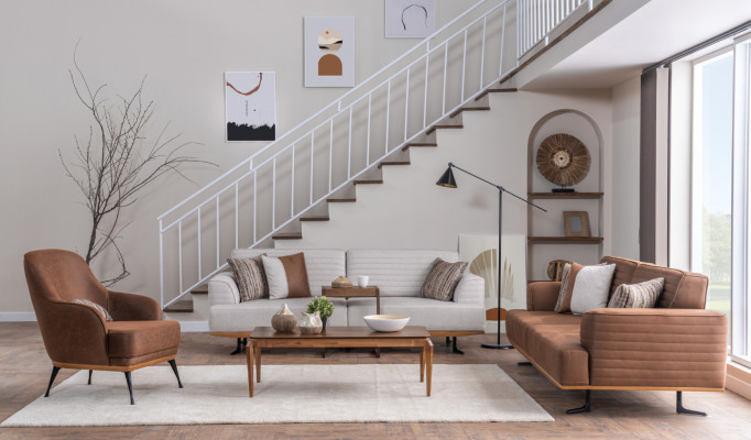 Exklusive Dreisitzer-Sofas und -Sessel für das Wohnzimmer in brauner Polsterung