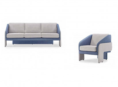 Grau-Blaue Wohnzimmer Designer Sitzmöbel 3-Sitzer Lehnsessel 2tlg Set