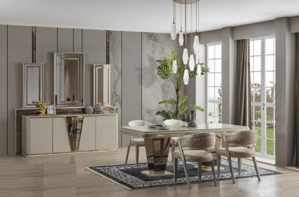 Luxus Essgruppe Esszimmer Esstisch Garnitur Stühle Essecke Beige 6tlg