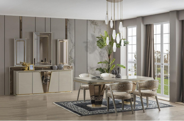 Garnitur Luxus Essgruppe Esszimmer Esstisch Stühle Essecke Beige 7tlg