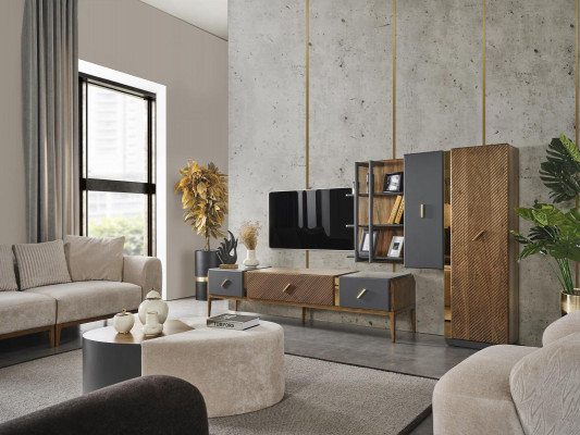 Set wall unit TV stand RTV lowboard sideboard shelves wood brown