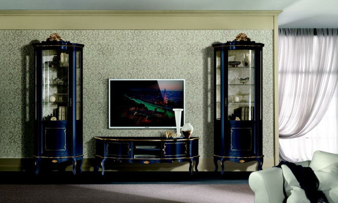 Luxus Set Garnitur 3tlg rtv mit 2x Vitrine Blau Italienische Luxus Möbel Barock Stil